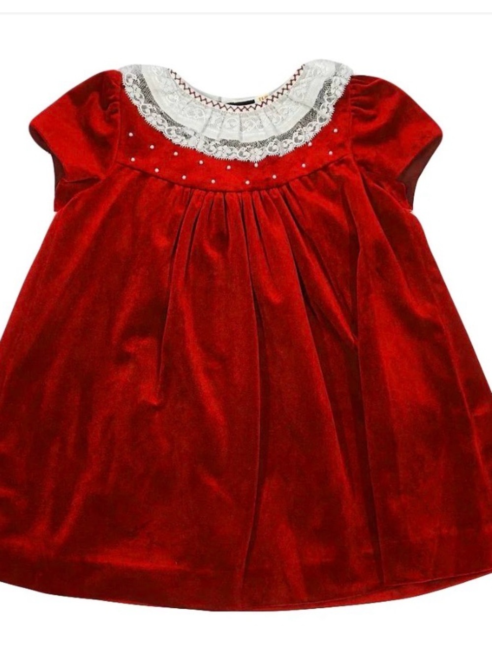 Luli & Me Baby Luxe Velvet Float Dress - Lace Collar & Pearls 9mo